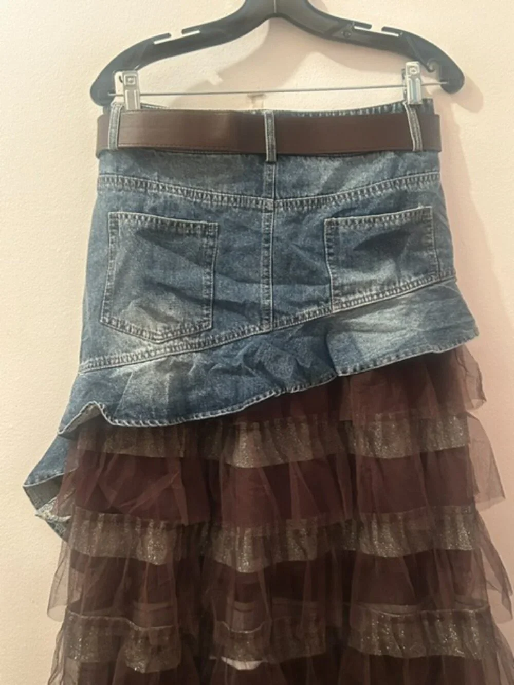 Luxe & Leather by Madonna & Co Lush Brown Tulle-Denim Belted Glitter Skirt NEW